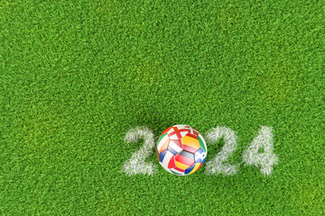 Wall Mural - Soccer ball with the flags of several European Countries playing in Germany in 2024. The year 2024 displayed as chalk marking in the grass.