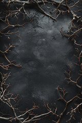 gothic dark fantasy backdrop framed by dry branches, thorns, ivy. old worn black grunge background b