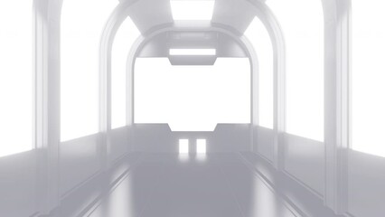 Wall Mural - Opening gate or door in white futuristic tunnel spaceship or science laboratory corridor . Sci-fi concept design in realistic 3d style. Digital animation with alpha matte channel.
