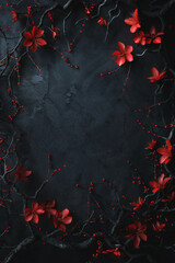 Gothic dark fantasy backdrop bordered with dry branches, thorns, ivy, and red flowers. Worn old grunge black background framed by horror dry branches and thorns. color pop contrast