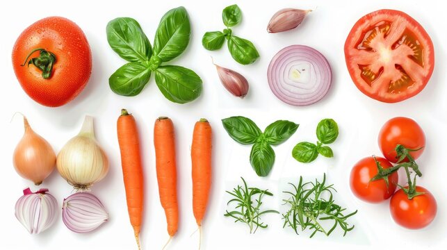 Vegetables like tomato onion carrot and green basil separated on a white background Component for packaging design with clipping path