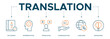 © santricon - Translation Banner web icon illustration concept with icon and symbol of dictionary, interpretation, translator, communication, language