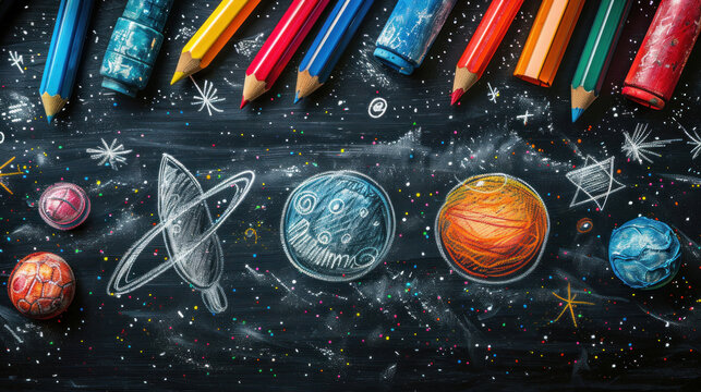 A creative representation of back-to-school excitement, showcasing hand-drawn school supplies on an abstract blackboard background.