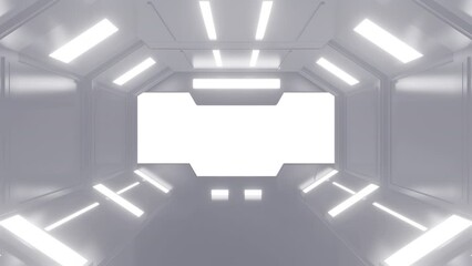 Wall Mural - Opening gate or door in white futuristic tunnel spaceship or science laboratory corridor . Sci-fi concept design in realistic 3d style. Digital animation with alpha matte channel.