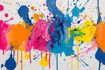 Wall Mural - Abstract colorful paint splatters on white canvas, expressing creativity and art