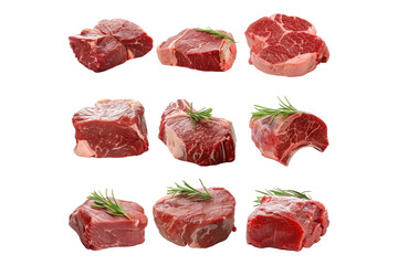 Collection of different raw steak isolated on white background