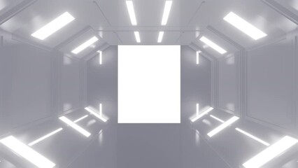 Wall Mural - Opening gate or door in white futuristic tunnel spaceship or science laboratory corridor . Sci-fi concept design in realistic 3d style. Digital animation with alpha matte channel.