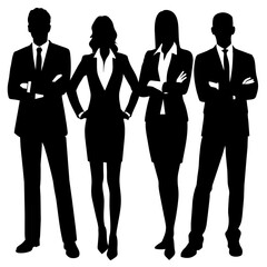 Business man and woman standing pose vector silhouette side by side, modern outfit vector illustration, white color background