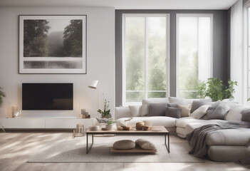 Bright living room interior with large window and white poster