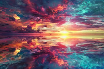 Poster - Vibrant, surreal colors of sunset reflecting on calm ocean waters, inspiring fantasy artwork