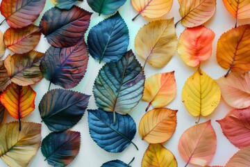 Wall Mural - vibrant and diverse collection of assorted colorful autumn leaves in a flat lay top view, showcasing