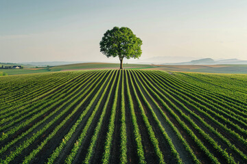 Wall Mural - Aerial view of vast, open farmland with a lone tree as the focal point. Emphasize the expansiveness and simplicity of the landscape, with the uniform rows of crops 