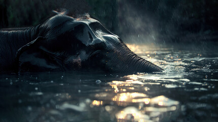 Wall Mural -   An elephant submerged in a body of water with its trunk raised high and head above the surface