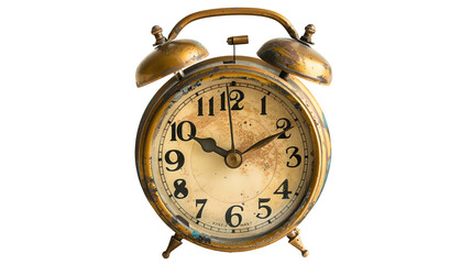 Vintage brass alarm clock with a weathered face showing wear from age, symbolizing the passage of time and nostalgia.