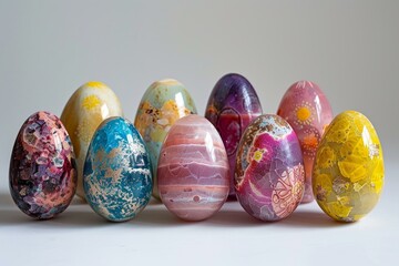 vibrant array of handpainted easter eggs arrayed against a neutral background