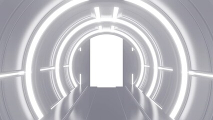 Wall Mural - Opening gate or door in white futuristic tunnel spaceship or science laboratory corridor . Sci-fi concept design in realistic 3d style. Digital animation with alpha matte channel.