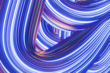 Poster - Abstract light trails creating a dynamic, flowing pattern in vibrant blue and purple hues.3d rendering