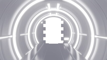 Wall Mural - Opening gate or door in white futuristic tunnel spaceship or science laboratory corridor . Sci-fi concept design in realistic 3d style. Digital animation with alpha matte channel.