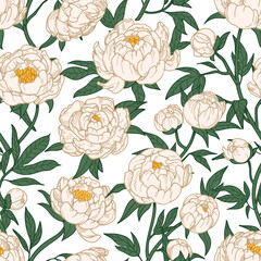 Aufkleber - Peony flower pattern. Seamless floral print. Endless botanical background, blossomed garden in retro vintage style. Detailed texture drawing, blooming branches. Drawn vector illustration for wallpaper