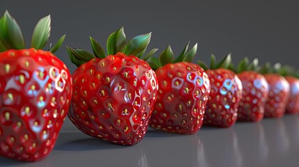 Wall Mural - A row of strawberries is lined up, with one strawberry in focus. The background is solid color, which creates an elegant and simple atmosphere. Detailed texture and color of strawberries.