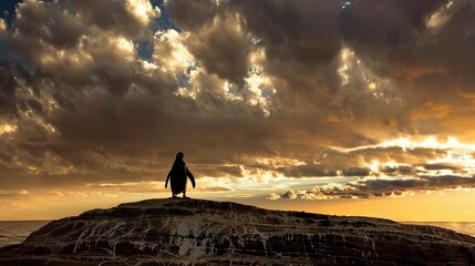 Poster -   Person on rocky outcropping in water under cloudy sky