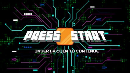 Poster - PRESS START INSERT A COIN TO CONTINUE .pixel art .8 bit game.retro game. for game assets in vector illustrations.Retro Futurism Sci-Fi Background. glowing neon grid.and stars from vintage arcade comp
