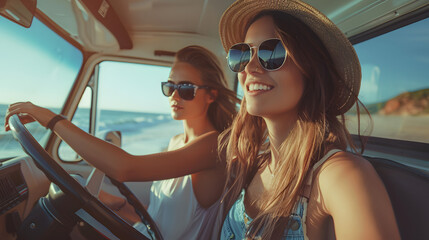 Wall Mural - two attractive women driving truck at beach