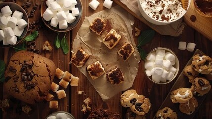 Sticker -  A table featuring desserts and marshmallows, alongside a bowl of cookies and marshmallows