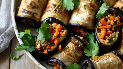 Canvas Print - Spiced eggplant rolls with carrot and coriander filling