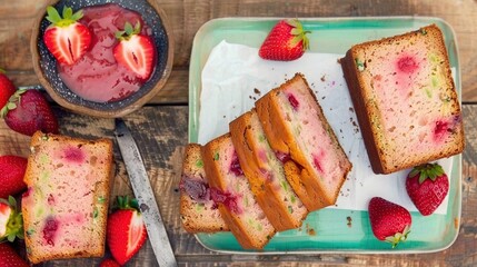 Sticker -   A plate with sliced cake and strawberries adjacent to a bowl of ice cream and strawberries