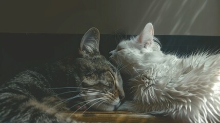 Poster -  A pair of cats lounging together on a wooden table near a window