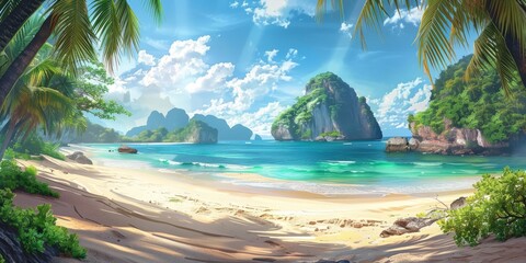 Wall Mural - Calm tropical beach with pine trees and karsts
