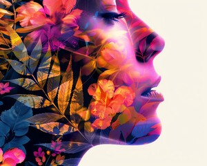 Poster - Surreal portrait of a woman's face blended with colorful flowers and leaves, creating a dreamy and artistic composition.