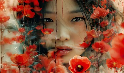 Wall Mural - AI Generated Image. Contemplative and dreamlike Asian woman surrounded with abstract red flowers