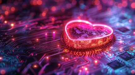 Canvas Print - Neon Heart Circuit Board with Glowing Lights