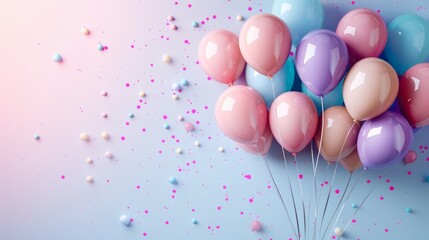 Colorful balloons and confetti on a pastel background, perfect for celebration and party themes. Ideal for festive designs and cheerful occasions.