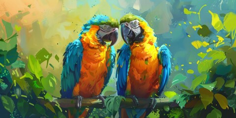 Wall Mural - Two cute macaw birds in love