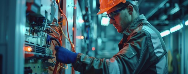 Engineer working on industrial control panel. Precision, expertise in electronics and maintenance in high-tech environment.