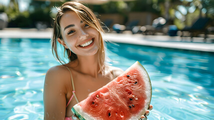 Wall Mural - Woman holding watermelon while sitting at swimming pool during summer