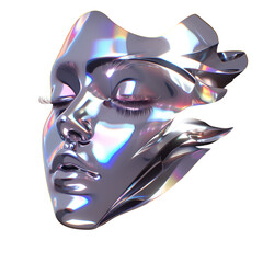 Poster - Futuristic chrome woman face isolated. Shiny gloss metal human head sculpture. Y2K holographic metal mask for music poster