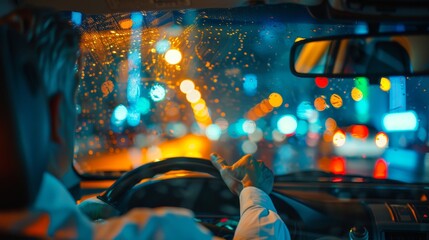 Man driving car in the rain during nighttime with city lights blurry through the windshield, emphasizing urban nightlife and travel.