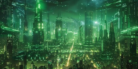 Wall Mural - Futuristic Cityscape with Green and Blue Neon lights. Night scene with Advanced Superstructures.