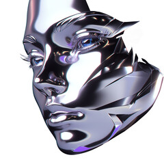 Poster - Futuristic chrome woman face isolated. Shiny gloss metal human head sculpture. Y2K holographic metal mask for music poster