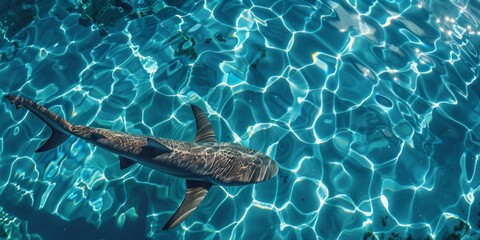 Poster - Aerial view of spinner shark swimming in clear blue waters