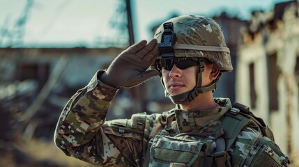 Soldier in camouflage and helmet saluting outdoors