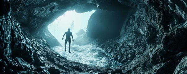 Wall Mural - freediver ascending from a cave