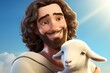 © Pakorn - Friendly Jesus character illustrated by a lovable cartoon portrayal of Jesus holding a lamb, emphasizing themes of nurturing, guidance, and affection