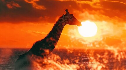 Poster -   An image of a giraffe standing tall amidst a tranquil body of water with the golden sun beaming from above