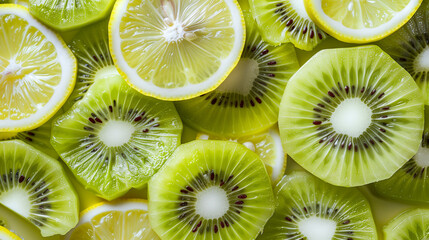 Wall Mural - Kiwi and lemon slices on the table top down view