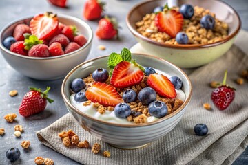Wall Mural - A bowl with homemade yogurt, muesli, berries and nuts. Healthy and delicious breakfast. Good morning to the day.